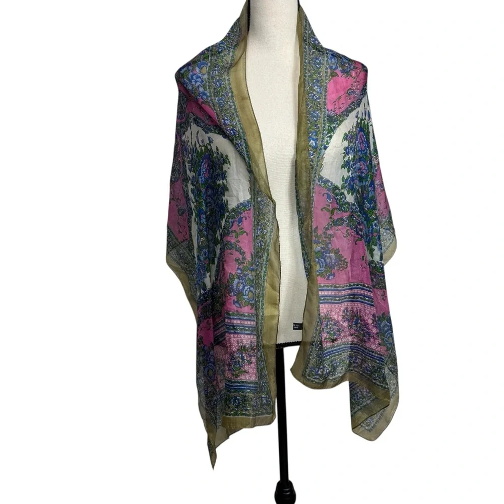Silk Floral‎ Pink and Green Printed Scarf
